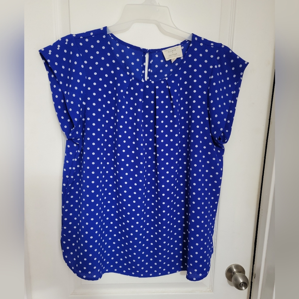 Blue Polka Dot Blouse by Flower & Feather Plus Size 2XL Work Top Fancy Flowy